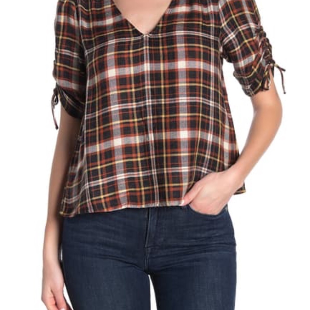 Madewell Ruched Tie Sleeve Plaid Top